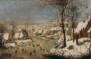 Pieter Brueghel the Younger Winter landscape with ice skaters and a bird trap. Germany oil painting artist